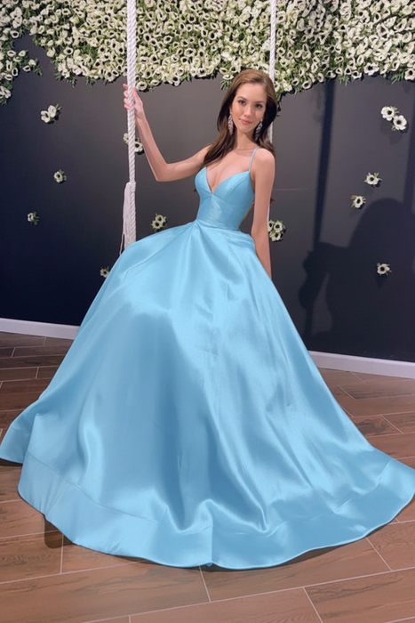 Sky Blue Simple A Line V Neck Backless Yellow Long Prom Dresses