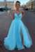 Sky Blue Simple A Line V Neck Tulle Long Prom Dresses with High  Split