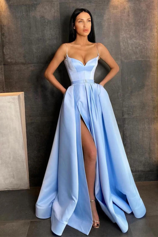 Sky Blue Spaghetti Straps Prom Dress A Line with Split Pockets