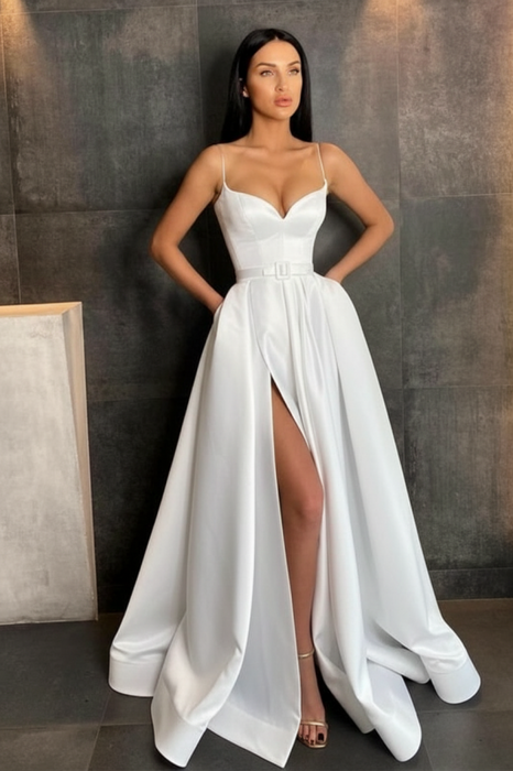 White Spaghetti Straps Prom Dress A Line with Split Pockets