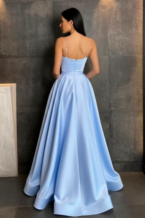 Sky Blue Spaghetti Straps Prom Dress A Line with Split Pockets