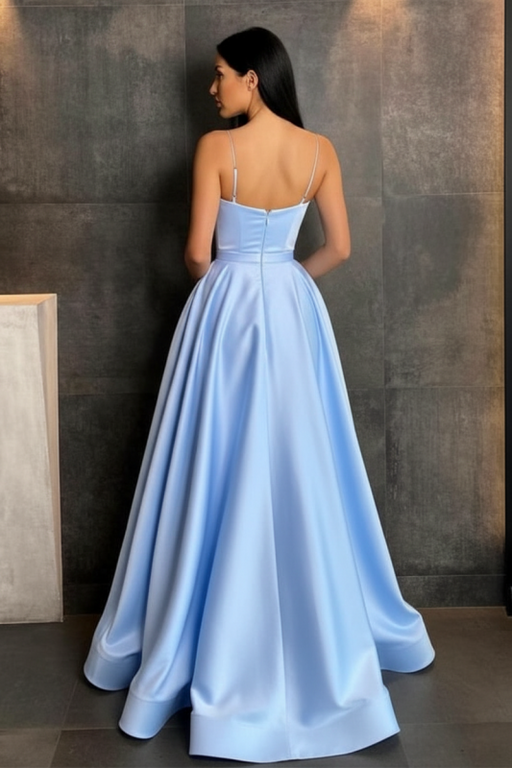 Sky Blue Spaghetti Straps Prom Dress A Line with Split Pockets