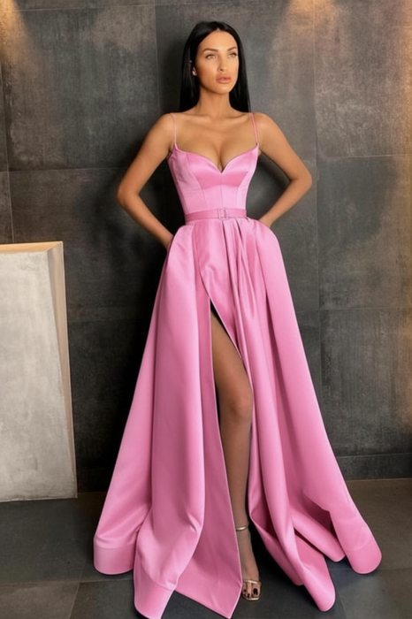 candy pink Spaghetti Straps Prom Dress A Line with Split Pockets