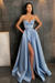 Dusty Blue Spaghetti Straps Prom Dress A Line with Split Pockets