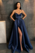 Navy Spaghetti Straps Prom Dress A Line with Split Pockets