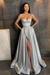 Silver Spaghetti Straps Prom Dress A Line with Split Pockets