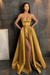 Gold Spaghetti Straps Prom Dress A Line with Split Pockets