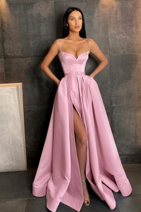 Pink Spaghetti Straps Prom Dress A Line with Split Pockets