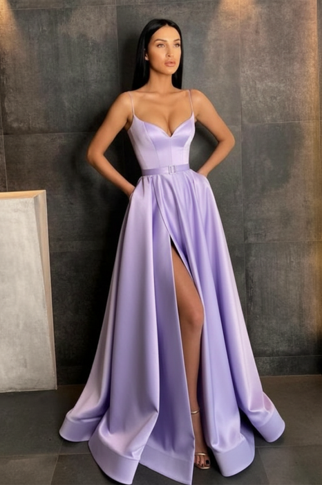 Lilac Spaghetti Straps Prom Dress A Line with Split Pockets