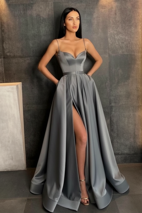 Gray Spaghetti Straps Prom Dress A Line with Split Pockets