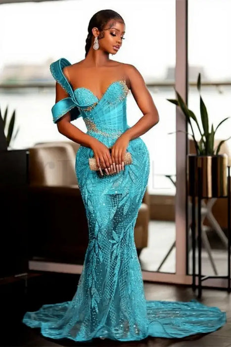 Sky Blue Stunning Sparkle Beadings Mermaid Evening Gown with Sequins - Evening Dresses