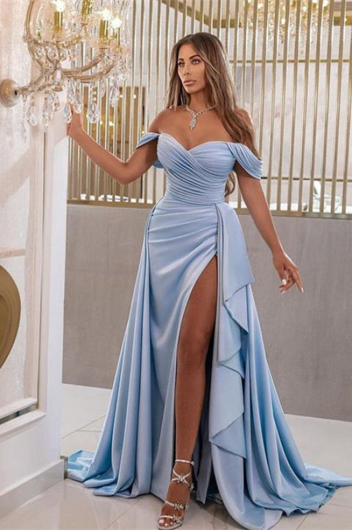 Sky Blue Split Mermaid Sweetheart Prom Dress With Off-The-Shoulder