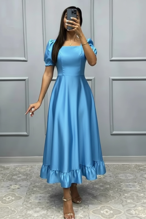 Sky Blue Square Neck A-Line Prom Dress with Short Sleeves