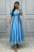 Sky Blue Square Neck A-Line Prom Dress with Short Sleeves
