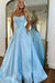 Sky Blue Strapless Satin Prom Dress A-Line Evening Dress with Beadings