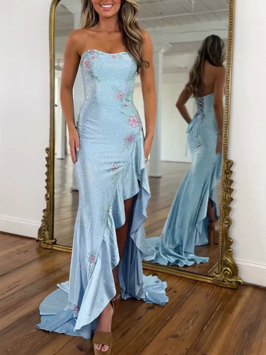 Sky Blue Strapless Floral Rhinestone Corset Prom Dress with Front Split