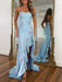 Sky Blue Strapless Floral Rhinestone Corset Prom Dress with Front Split
