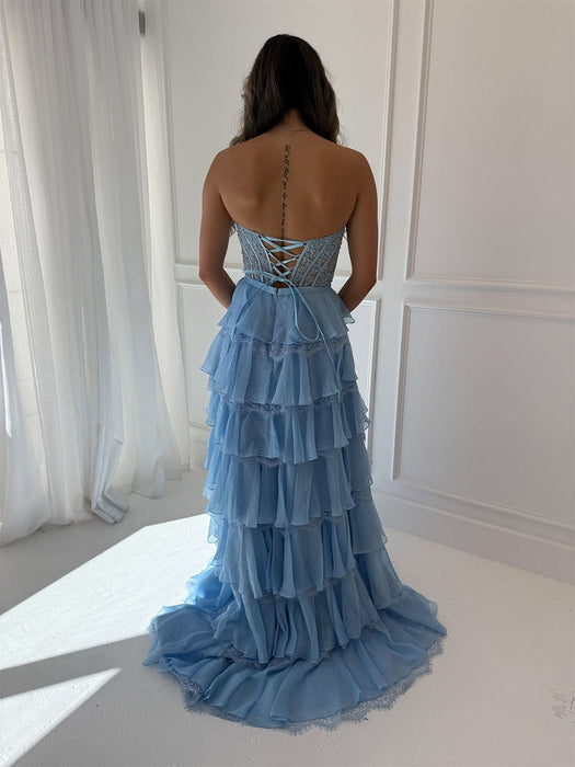 Strapless Lace Corset Prom Dress Long with Front Slit