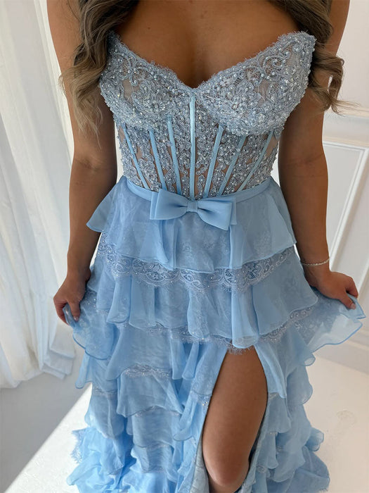 Strapless Lace Corset Prom Dress Long with Front Slit
