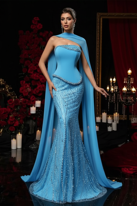 Sky Blue Charming Strapless Beadings Satin Prom Dress Mermaid with Cape