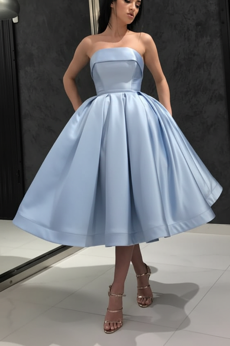 Sky Blue Strapless Tea Length Prom Dress Sleeveless Aline Homecoming Dress Satin Cocktail Dress