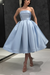 Sky Blue Strapless Tea Length Prom Dress Sleeveless Aline Homecoming Dress Satin Cocktail Dress
