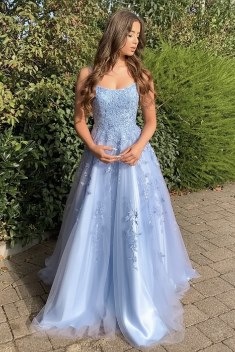 Sky Blue Stylish Lace Long Prom Dress with Spaghetti Straps
