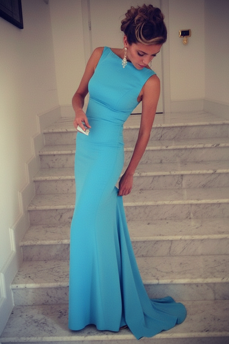 Sky Blue Trumpet/Mermaid High Neck Sleeveless Spandex Floor-Length Dresses - Prom Dresses