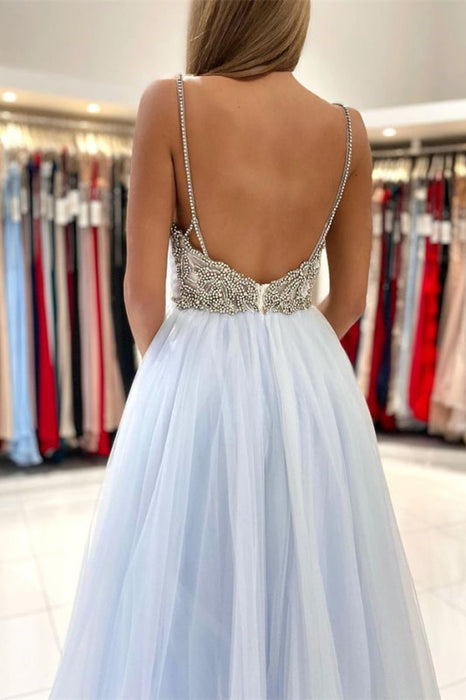 Sky Blue Tulle Long Prom Dress With Beads