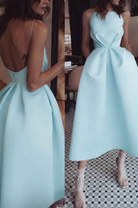 Sky Blue Unique Tea Length Satin Party Spaghetti Straps Backless Prom Dress - Prom Dresses