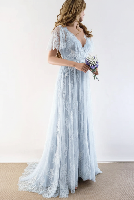 Gorgeous V-Neck Lace Wedding Dress with Cap Sleeves-Bridelily