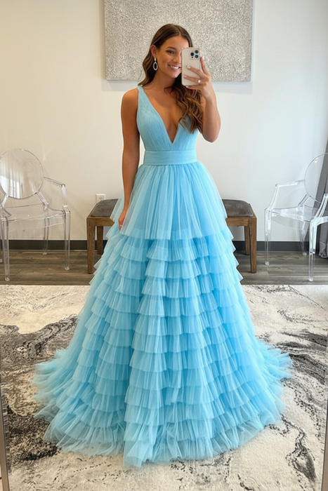 Sky Blue Tulle Formal Evening Dresses 