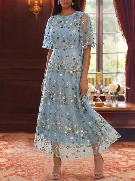 Sky Blue Scoop Neck Lace Embroidery Mother of the Bride Dresses Floral