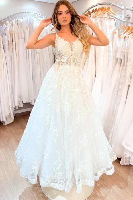 Romantic Spaghetti Straps Tulle Aline Wedding Dress Lace Appliques
