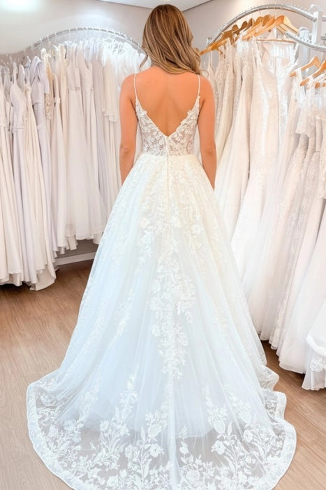 Romantic Spaghetti Straps Tulle Aline Wedding Dress Lace Appliques