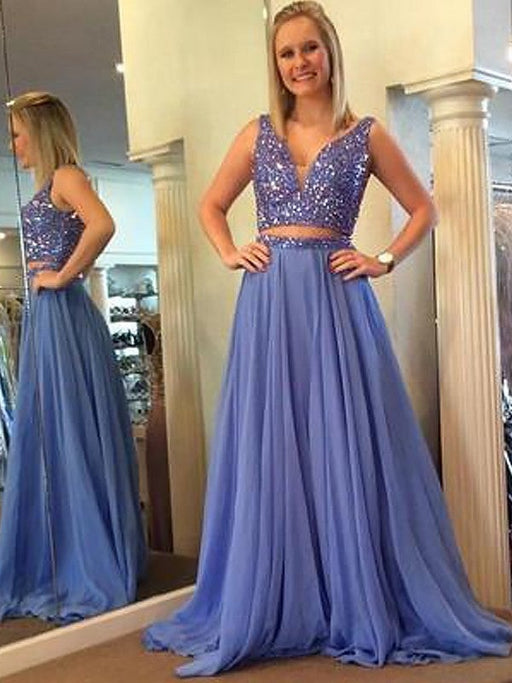 A-Line/Princess Sleeveless V-neck Chiffon Beading Floor-Length Two Piece Dresses - Prom Dresses