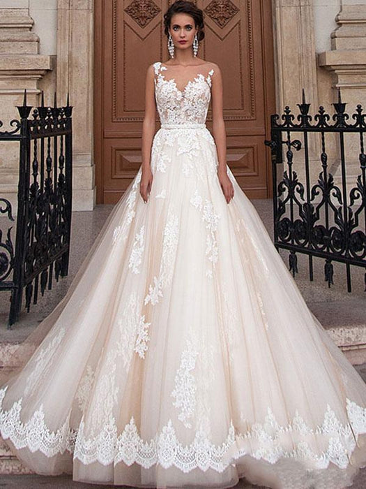 wedding dresses 2021 jewel illusion neck sleeveless a line lace flora applique bridal gowns with train