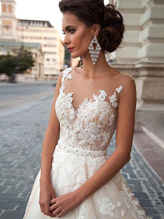wedding dresses 2021 jewel illusion neck sleeveless a line lace flora applique bridal gowns with train