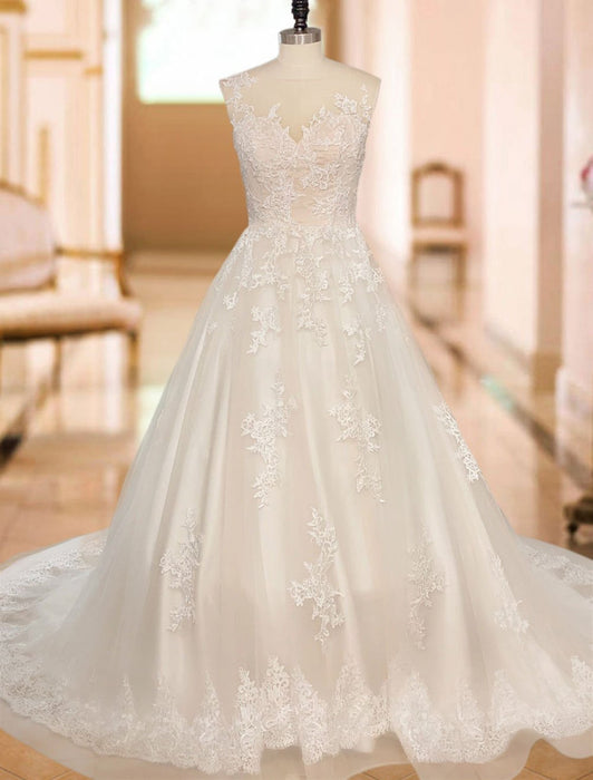 wedding dresses 2021 jewel illusion neck sleeveless a line lace flora applique bridal gowns with train