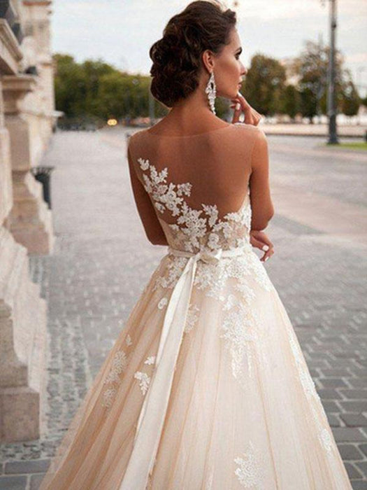 wedding dresses 2021 jewel illusion neck sleeveless a line lace flora applique bridal gowns with train