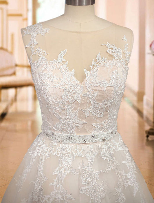 a line princess jewel sleeveless floor length applique tulle dresses 2026 Applique Wedding Dress Scoop Sleeveless Long Ivory Lace Princess