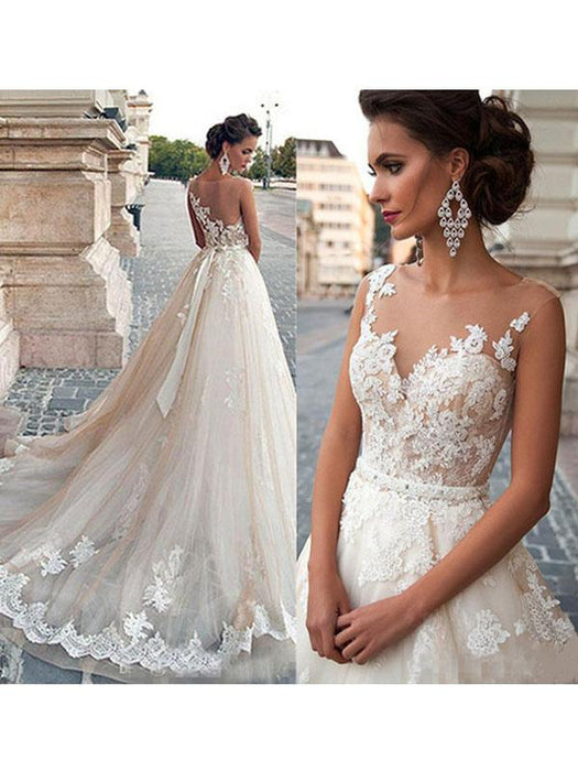 wedding dresses 2021 jewel illusion neck sleeveless a line lace flora applique bridal gowns with train