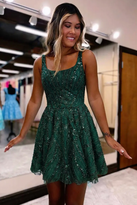 Sleeveless Beadings Dark Green Short Homecoming Dress Aline with Sequins