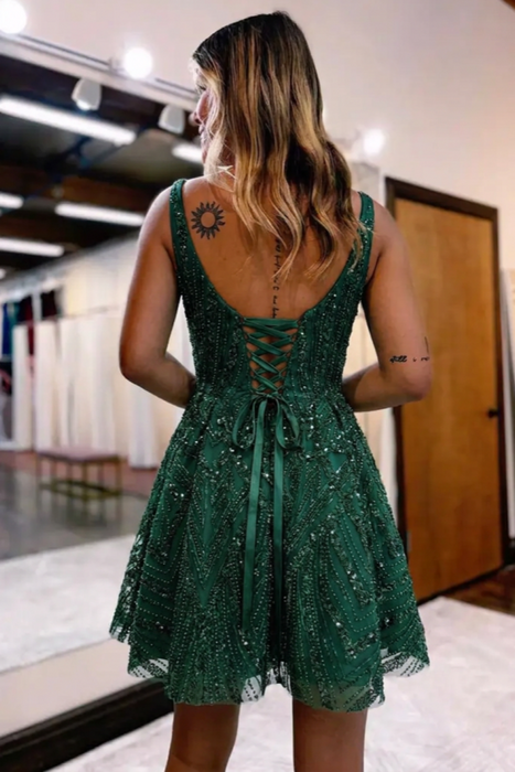 Sleeveless Beadings Dark Green Short Homecoming Dress Aline with Sequins