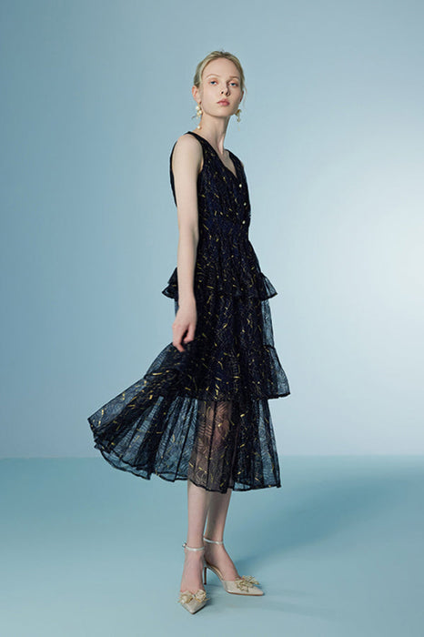 Sleeveless Blue Aline Casual Formal Dress V-neck with Layers - Dresses