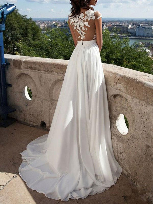 Boho Wedding Dress 2021 A Line V Neck Sleeveless Split Lace Appliqued Beach Bridal Gowns With Sweep Train