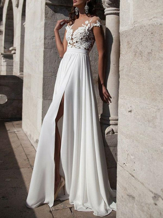 Boho Wedding Dress 2021 A Line V Neck Sleeveless Split Lace Appliqued Beach Bridal Gowns With Sweep Train