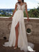 Boho Wedding Dress 2021 A Line V Neck Sleeveless Split Lace Appliqued Beach Bridal Gowns With Sweep Train