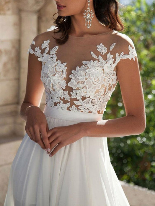 Boho Wedding Dress 2021 A Line V Neck Sleeveless Split Lace Appliqued Beach Bridal Gowns With Sweep Train