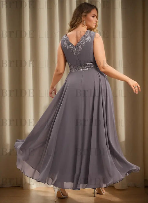 Back view of the grey mauve sleeveless chiffon A-line dress